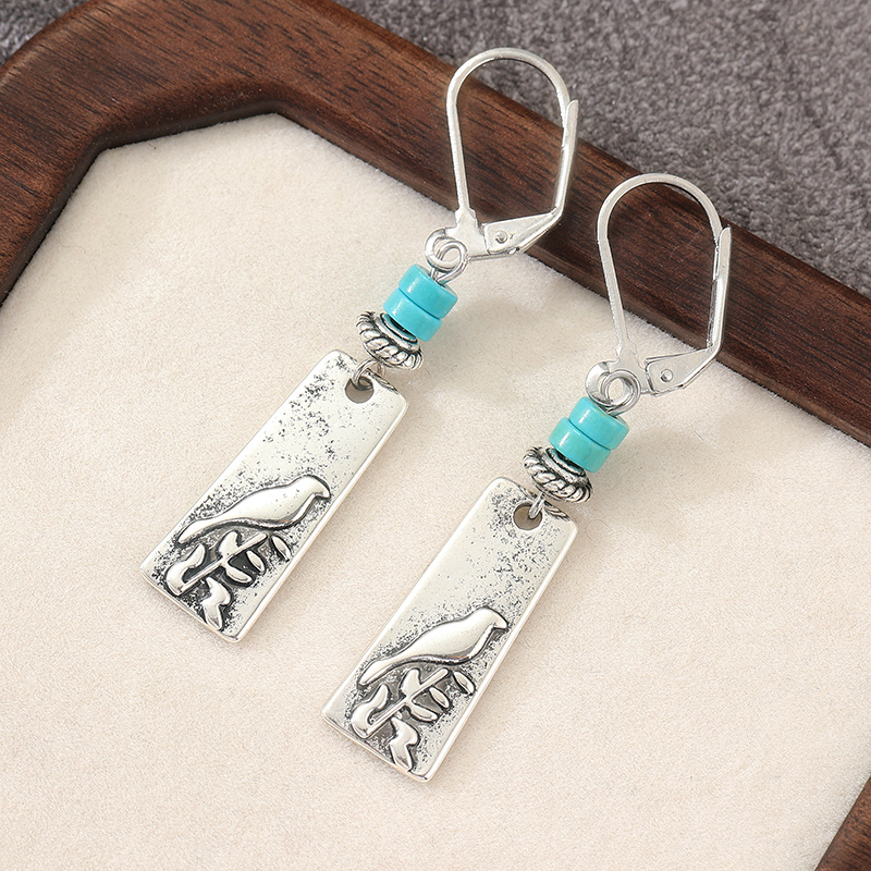 Vertical Tag Dangle Hoop Earrings with Vintage Bird Patterns